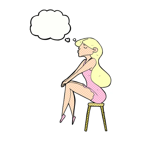 Karikatur Frau sitzt auf Hocker mit Gedankenblase — Stockvektor