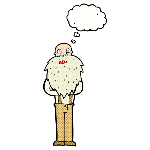 Cartoon bebaarde oude man met gedachte zeepbel — Stockvector