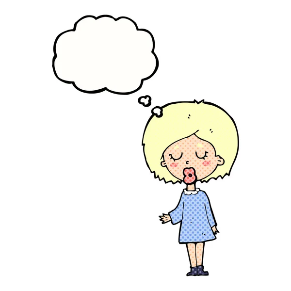 Mujer de dibujos animados explicando su punto con burbuja de pensamiento — Vector de stock