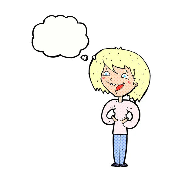 Cartone animato donna eccitato con bolla di pensiero — Vettoriale Stock