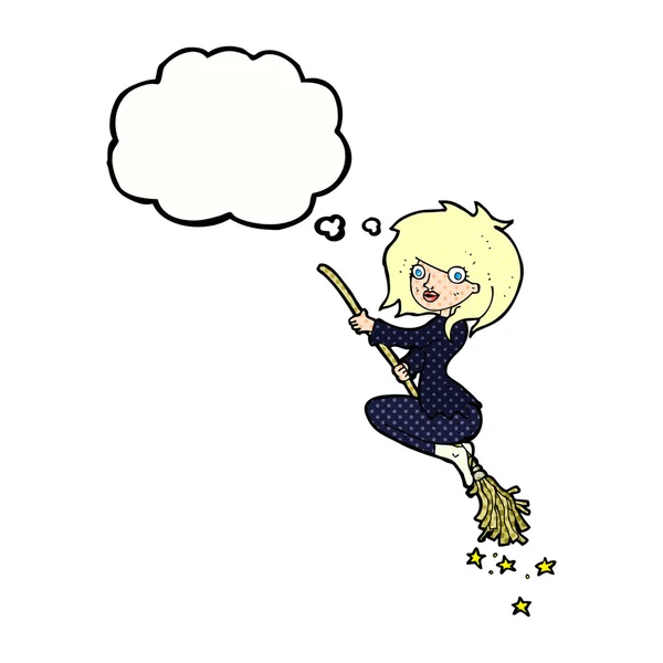 卡通女巫骑着带有思想泡泡的扫帚棒 — 图库矢量图片