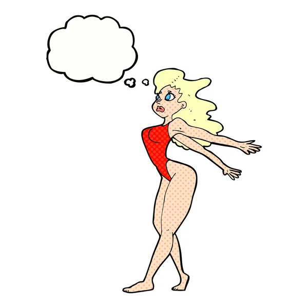 Dibujos animados mujer sexy en traje de baño con burbuja de pensamiento — Vector de stock