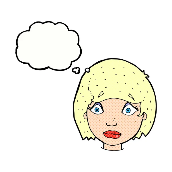 Desenho animado rosto feminino preocupado com bolha de pensamento — Vetor de Stock