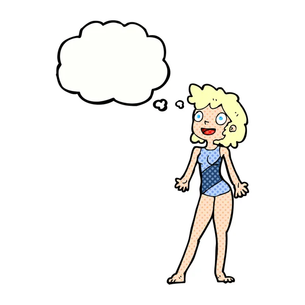 Cartoon vrouw in zwemmen kostuum met gedachte bubble — Stockvector