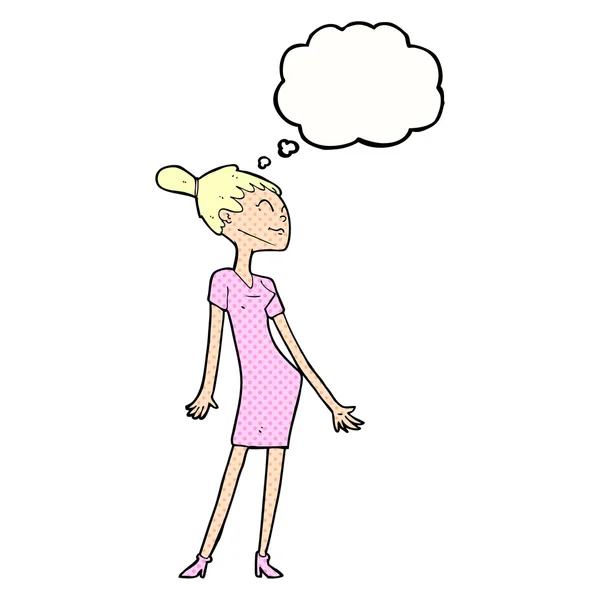 Kreskówka kobieta w sukni z myśli bańka — Wektor stockowy