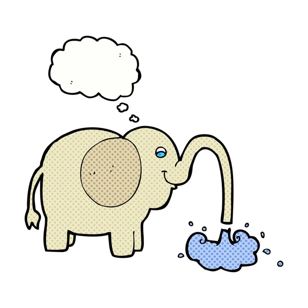 Elefante del fumetto spruzzando acqua con bolla di pensiero — Vettoriale Stock