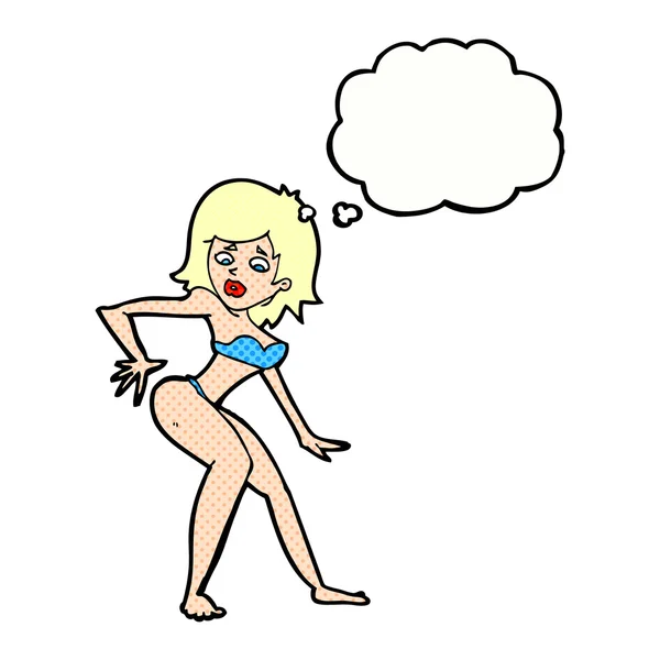 Mujer de dibujos animados en bikini con burbuja de pensamiento — Vector de stock