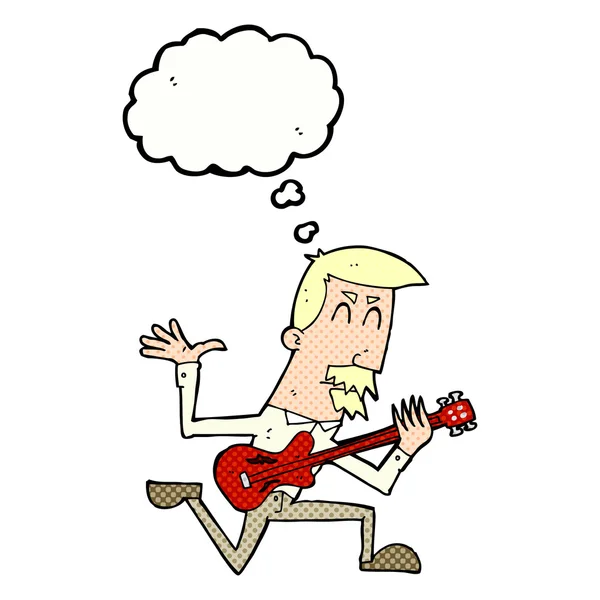 Cartoon man playing electric guitar with thought bubble — Stock Vector