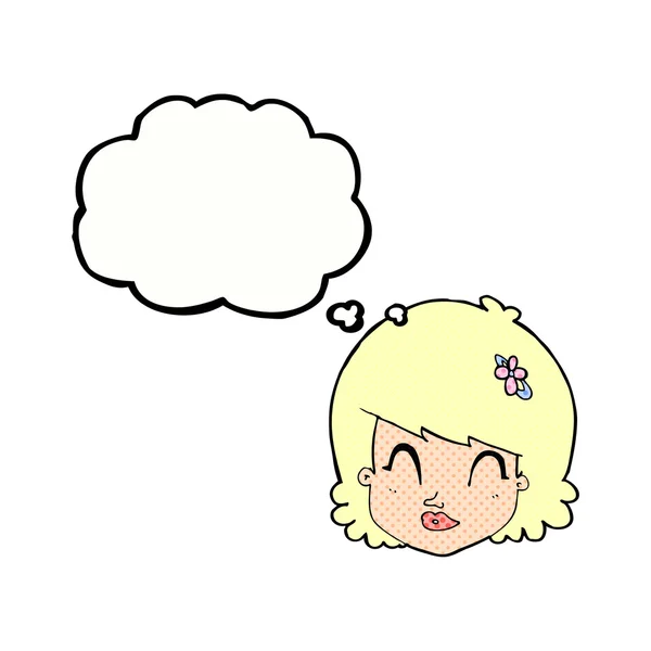 Cartone animato volto femminile felice con bolla di pensiero — Vettoriale Stock