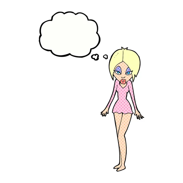 思考バブルの短いドレスを着た漫画の女性 — ストックベクタ