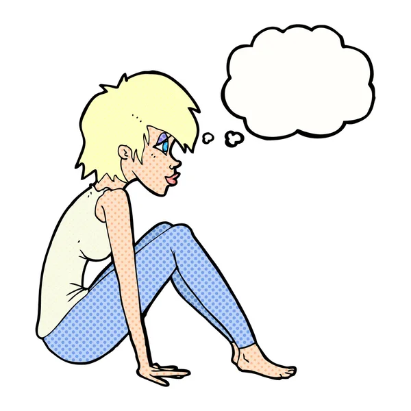 Fumetto donna seduta con bolla di pensiero — Vettoriale Stock