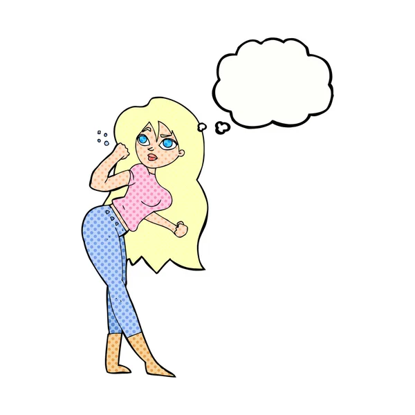 Cartoon vrouw verhogen vuist met gedachte zeepbel — Stockvector