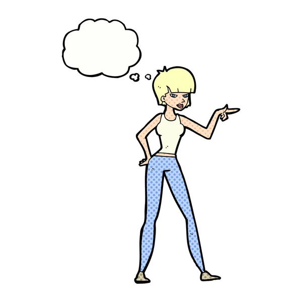 Karikatur Frau zeigt mit Gedankenblase — Stockvektor