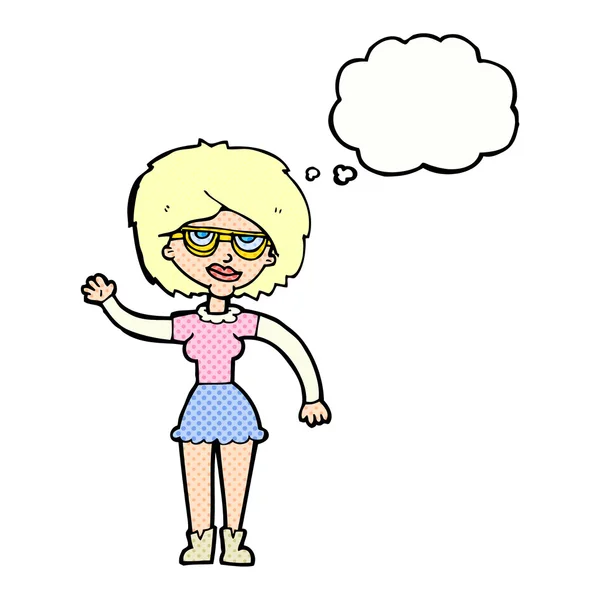 Desenho animado acenando mulher vestindo óculos com bolha de pensamento —  Vetores de Stock