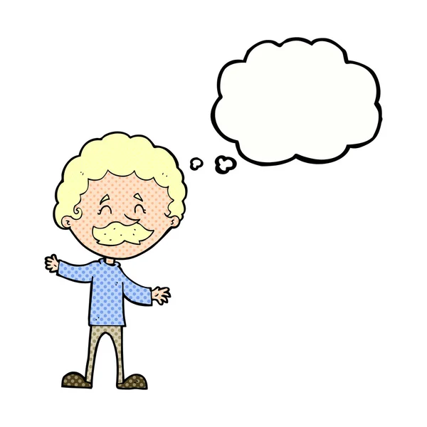 Cartoon gelukkig man met snor met gedachte zeepbel — Stockvector