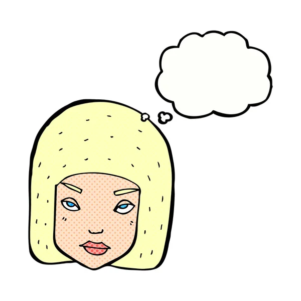 Cartone animato infastidito volto femminile con bolla di pensiero — Vettoriale Stock