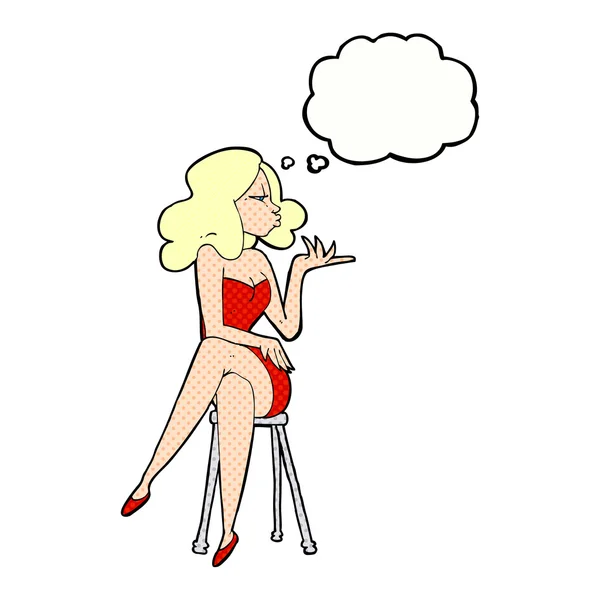 漫画の女性は思考バブルとバーのスツールに座って — ストックベクタ