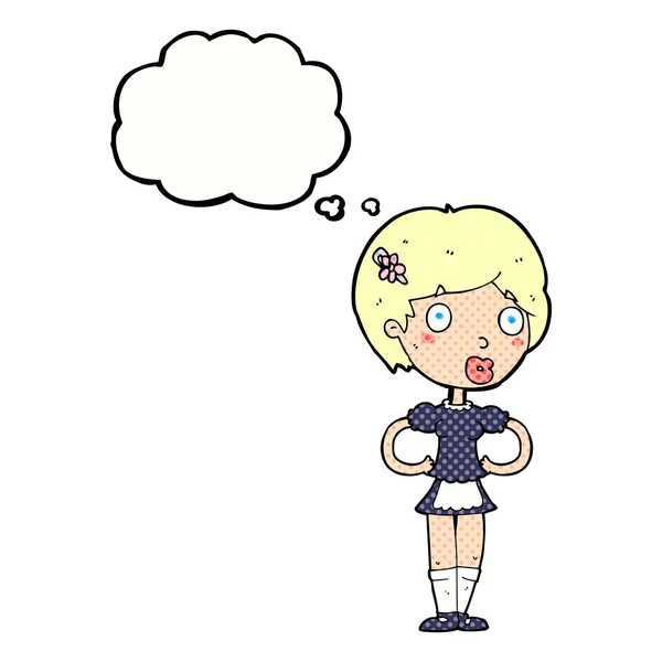 Cartoon vrouw in frans meid outfit met gedachte zeepbel — Stockvector