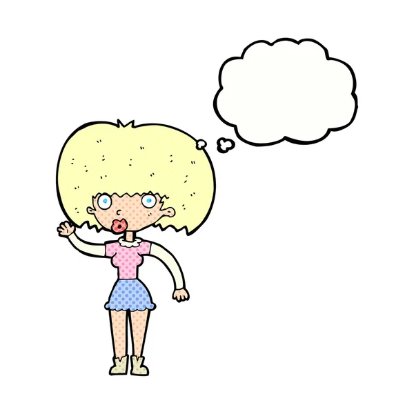 Cartoon vrouw zwaaien met gedachte bubble — Stockvector