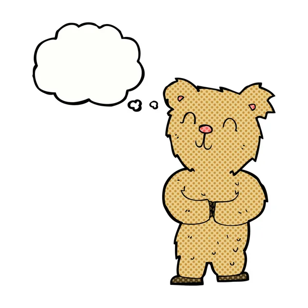 Dibujos animados pequeño oso feliz con burbuja de pensamiento — Vector de stock