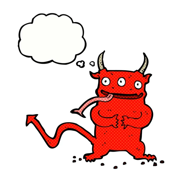 Cartoon kleine demon met gedachte zeepbel — Stockvector