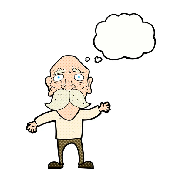 Cartoon worried old man with thought bubble — Stock Vector