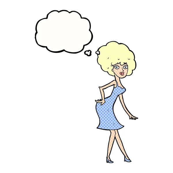 Femme dessin animé posant en robe avec bulle de pensée — Image vectorielle