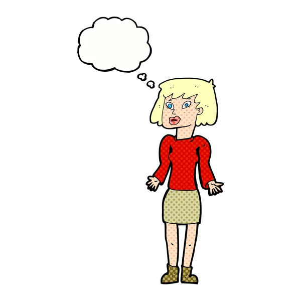 Kobieta z kreskówek wzrusza ramionami z bańki myślowej — Wektor stockowy