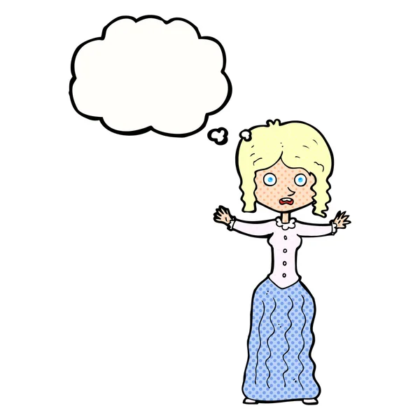 Desenho animado mulher vitoriana preocupado com bolha de pensamento — Vetor de Stock