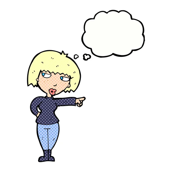 Karikatur genervte Frau zeigt mit Gedankenblase — Stockvektor