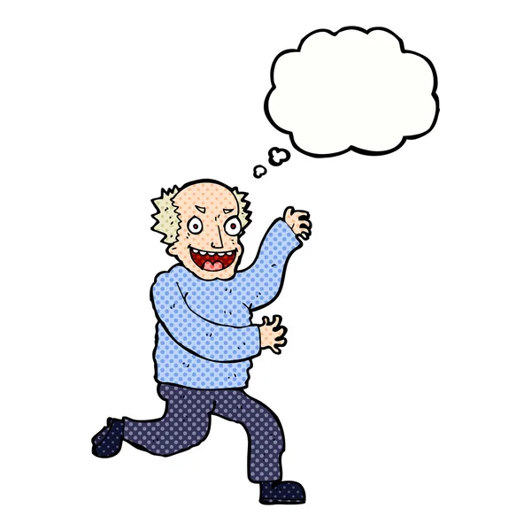 Dibujos animados hombre viejo malvado con burbuja de pensamiento — Vector de stock