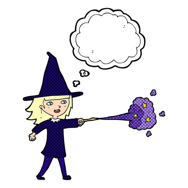 Dessin animé sorcière fille casting sort avec bulle de pensée — Image vectorielle