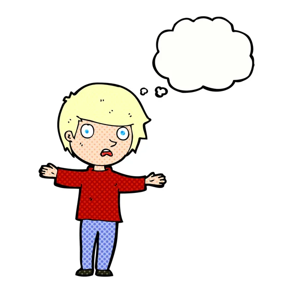 Cartoon bezorgd jongen met gedachte zeepbel — Stockvector