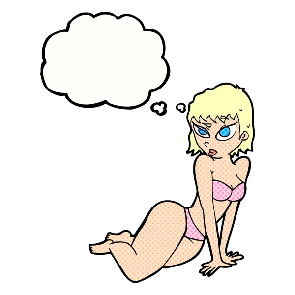 Cartoon sexy Frau in Unterwäsche mit Gedankenblase — Stockvektor