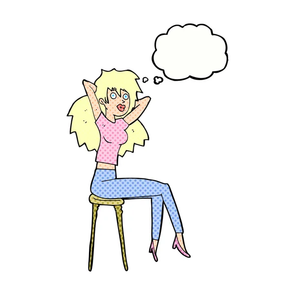 Dessin animé femme posant sur tabouret avec bulle de pensée — Image vectorielle
