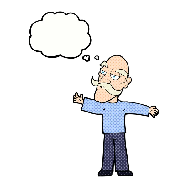 Cartoon old man spreading arms wide with thought bubble — Stock Vector