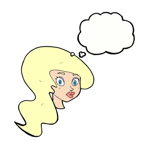 Cartoon pretty female face with thought bubble — Stock Vector