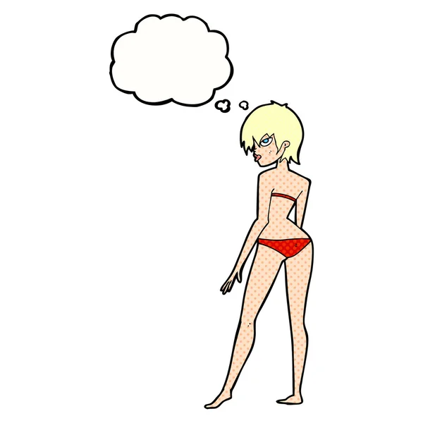 Mujer de dibujos animados en bikini con burbuja de pensamiento — Archivo Imágenes Vectoriales