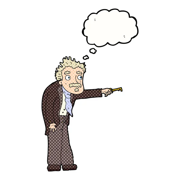 Hombre de dibujos animados temblando con la llave de desbloqueo con burbuja de pensamiento — Vector de stock