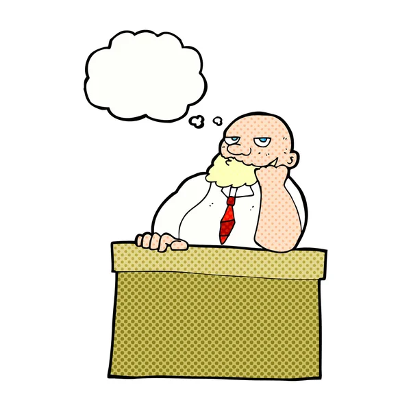 Desenho animado entediado homem na mesa com bolha de pensamento — Vetor de Stock
