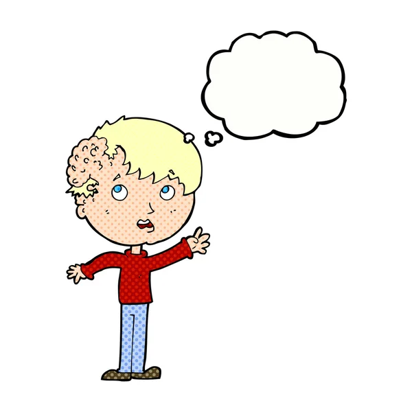 Cartoon Junge mit Wachstum auf dem Kopf mit Gedankenblase — Stockvektor
