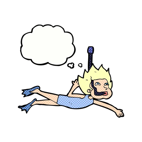 Cartoon-Schwimmer mit Schnorchel mit Gedankenblase — Stockvektor