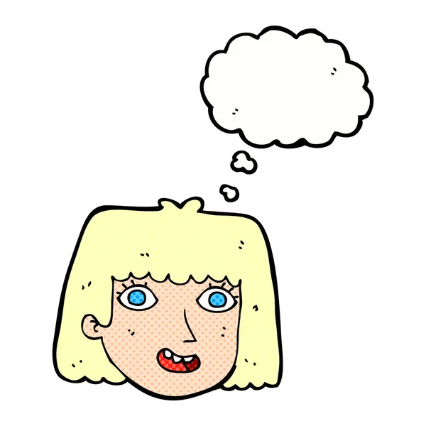 Desenho animado rosto feminino feliz com bolha de pensamento —  Vetores de Stock