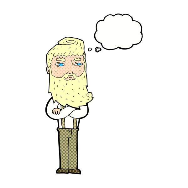Dessin animé homme sérieux avec barbe avec bulle de pensée — Image vectorielle