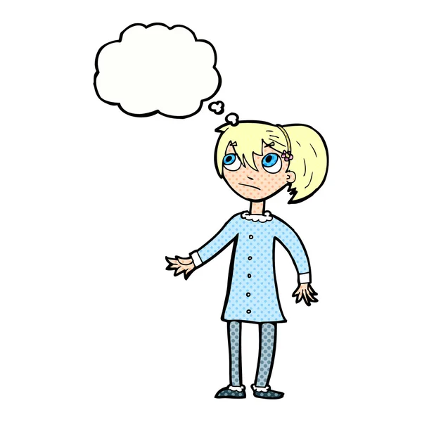 Cartoon bezorgd meisje met gedachte zeepbel — Stockvector
