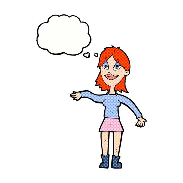 Femme dessin animé faisant geste de la main avec bulle de pensée — Image vectorielle