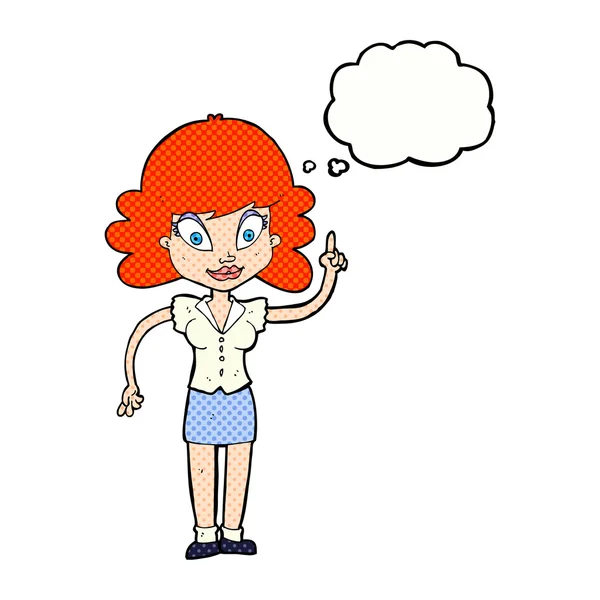 Cartone animato donna felice con idea con bolla di pensiero — Vettoriale Stock