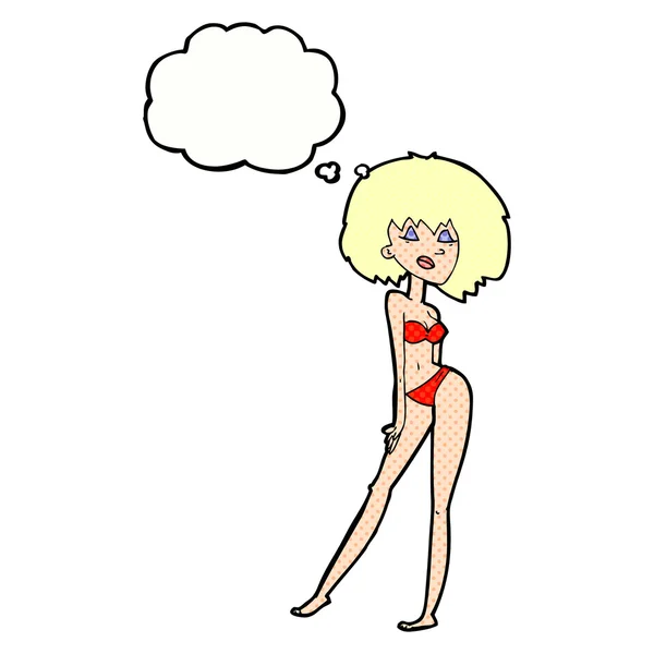 Mujer de dibujos animados en bikini con burbuja de pensamiento — Vector de stock