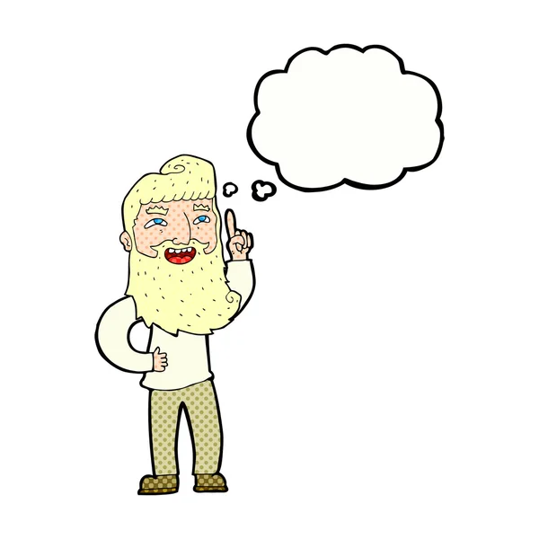 Cartone animato uomo barbuto felice con idea con bolla di pensiero — Vettoriale Stock