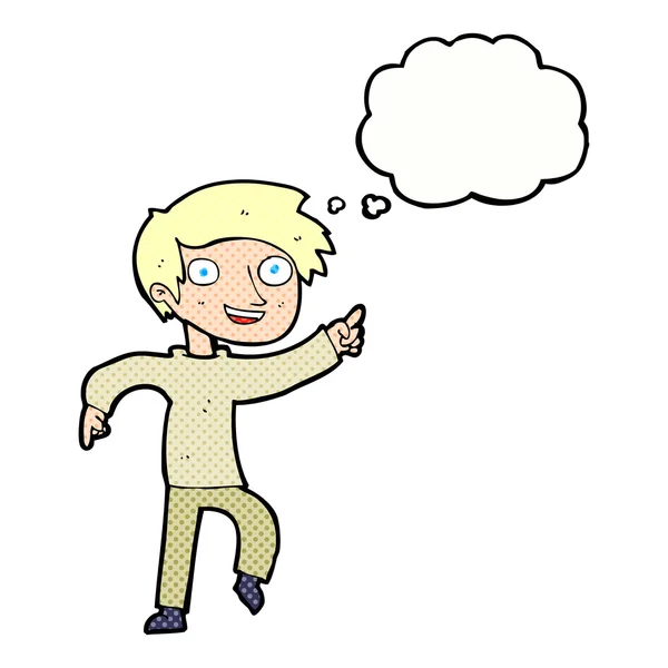Dessin animé garçon heureux pointant avec bulle de pensée — Image vectorielle